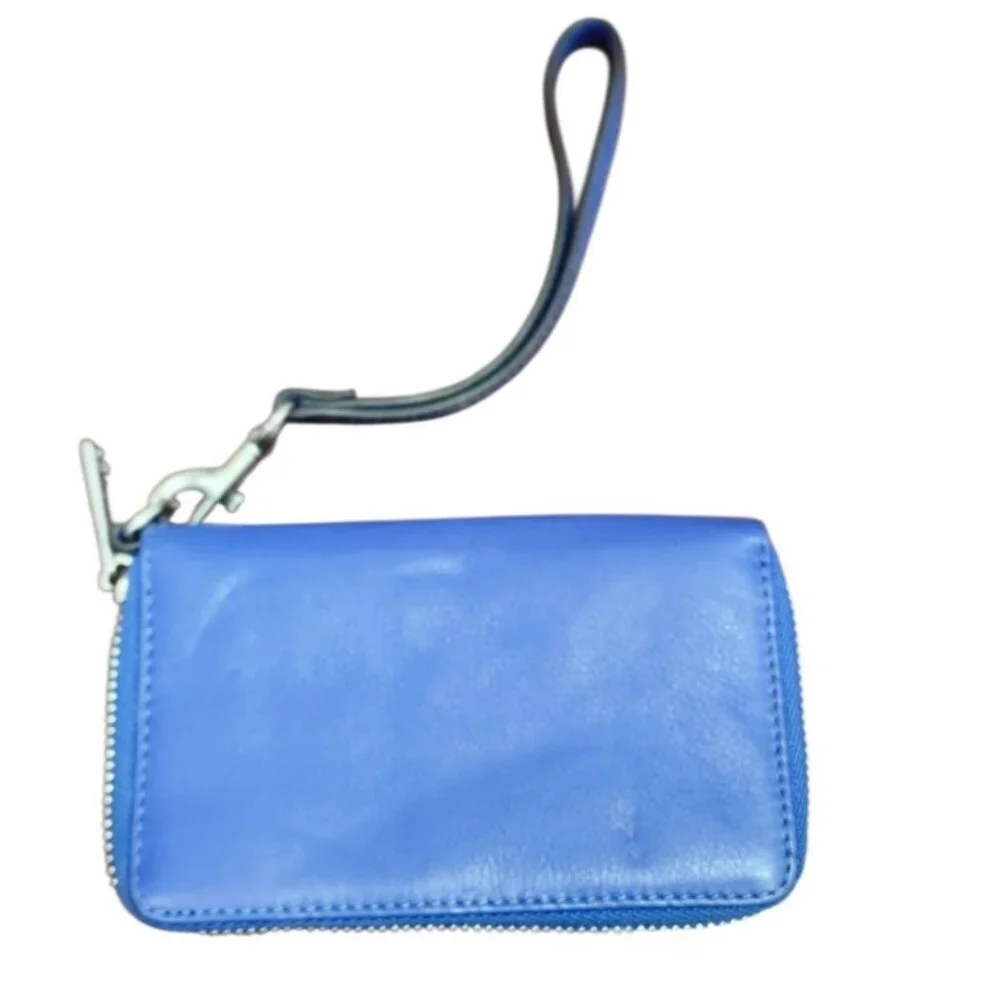 Aimee Kestenberg Blue Leather Zip Around Wristlet Wallet Compact Organizer Card